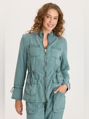 XCVI HALL FOUR POCKET CINCHABLE TWILL/RIB JACKET, Ocean Storm Pigment